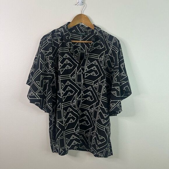 Lauren Ralph Lauren Size L Black White Geometric Print Button Front SL Top - Picture 1 of 13